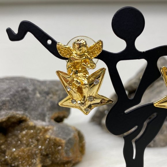 Vintage Gold Tone Angel on Star Pierced Earrings Rhinestones - Picture 3 of 8